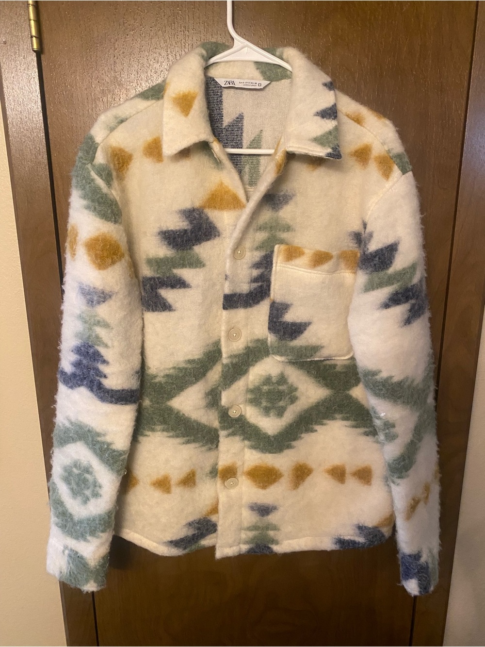Zara Cream Geometric Patterned Wool-Blend Cardigan Jacket